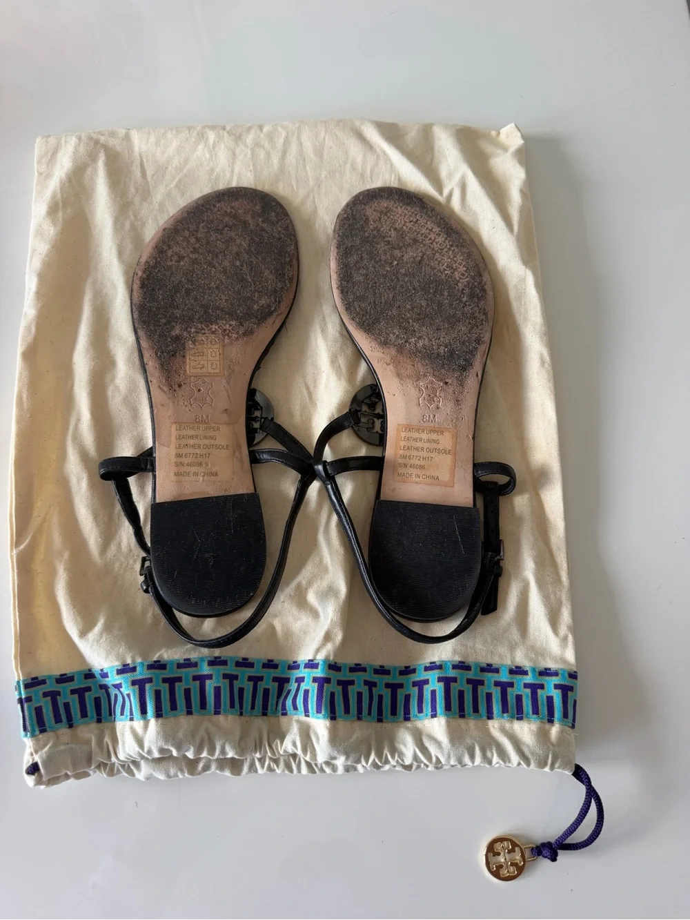 Tory Burch Black and Taupe Logo Toe-Ring Sandals with bling